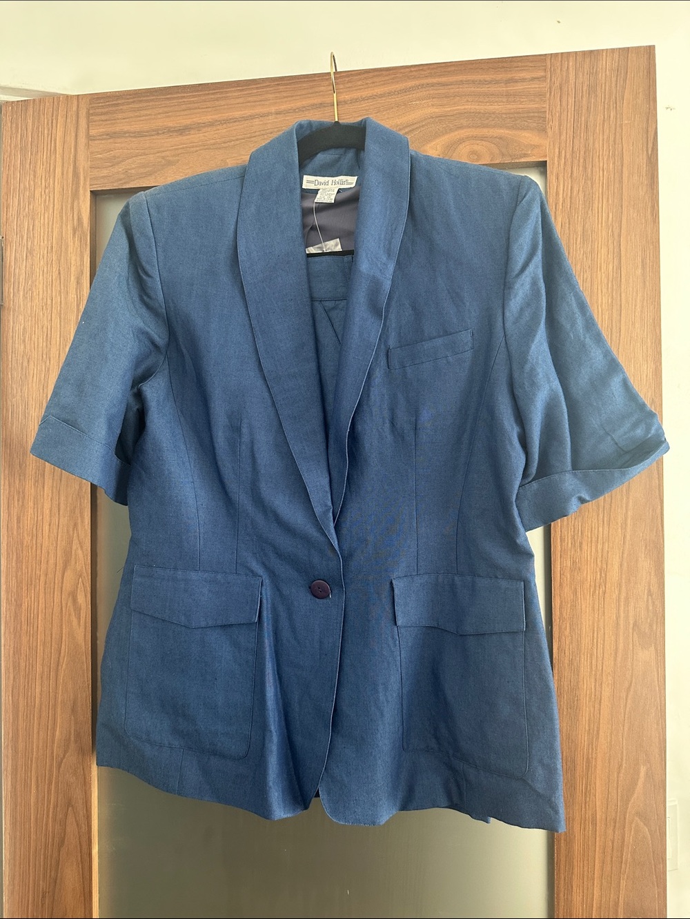 David Hollis  Navy Blue Short Sleeve Linen-Blend Blazer